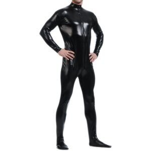 Unisex Black Metallic Shiny Zentai Bodysuit Hoodless Adult Costume